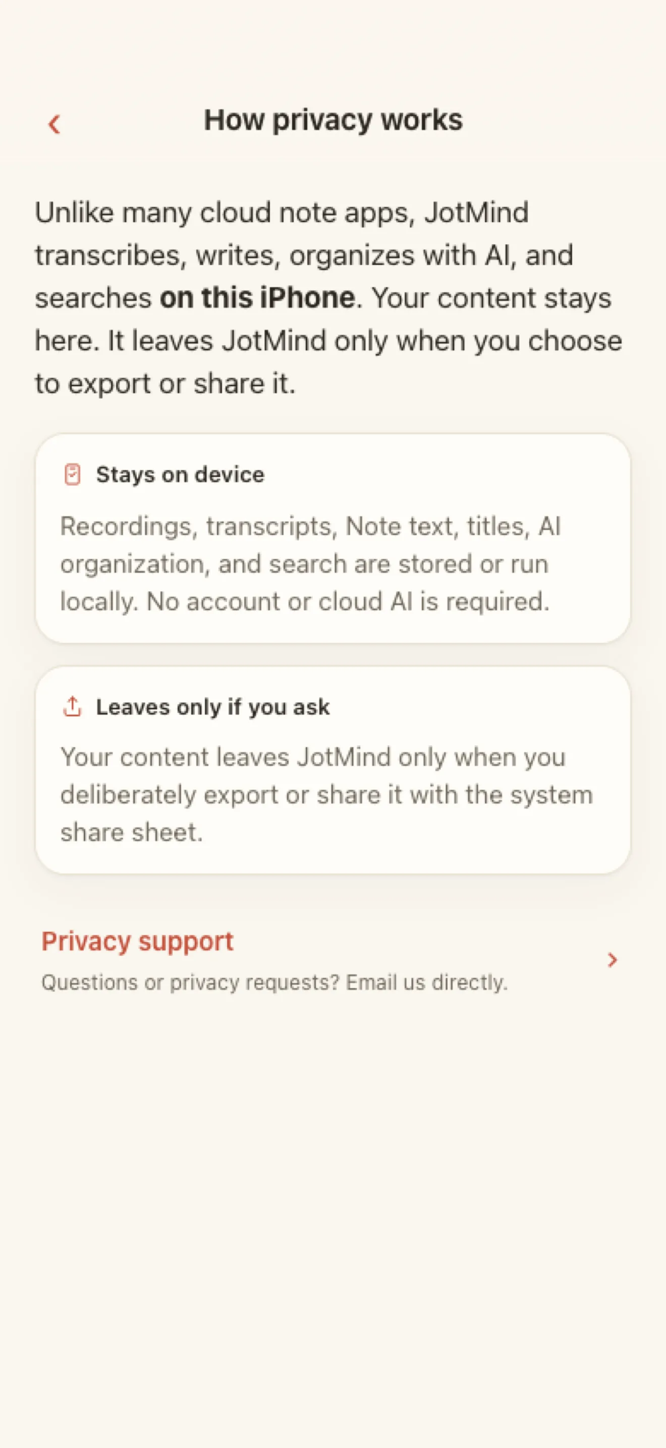 JotMind’s privacy screen explaining that content processing stays on the iPhone